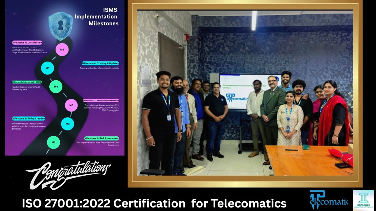 Telecomatics Technologies team celebrating ISO/IEC 27001:2022 certification with Invocore